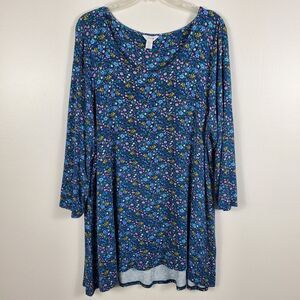 Intro Womens Floral Blouse Scoop Neck 3/4 Sleeve Stretch Jersey Knit Blue Sz 3X